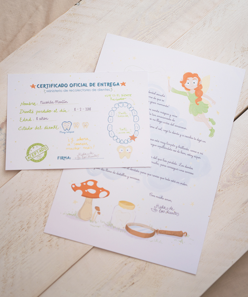 Carta y certificado del Hada de los dientes
